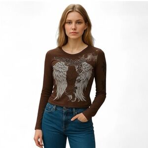 Top Sz L Angel Wings Long Sleeve Ribbed Graphic V-Neck Shirt Sparkle Polyester